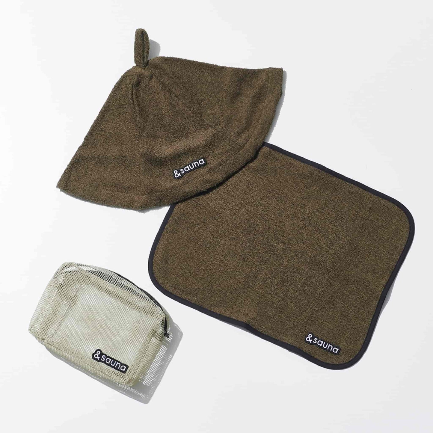 &sauna アンドサウナ　オリジナル　トラベルセット　ポーチ　サウナハット　サウナマット　クリスマスギフト　年末年始　旅行　サ旅